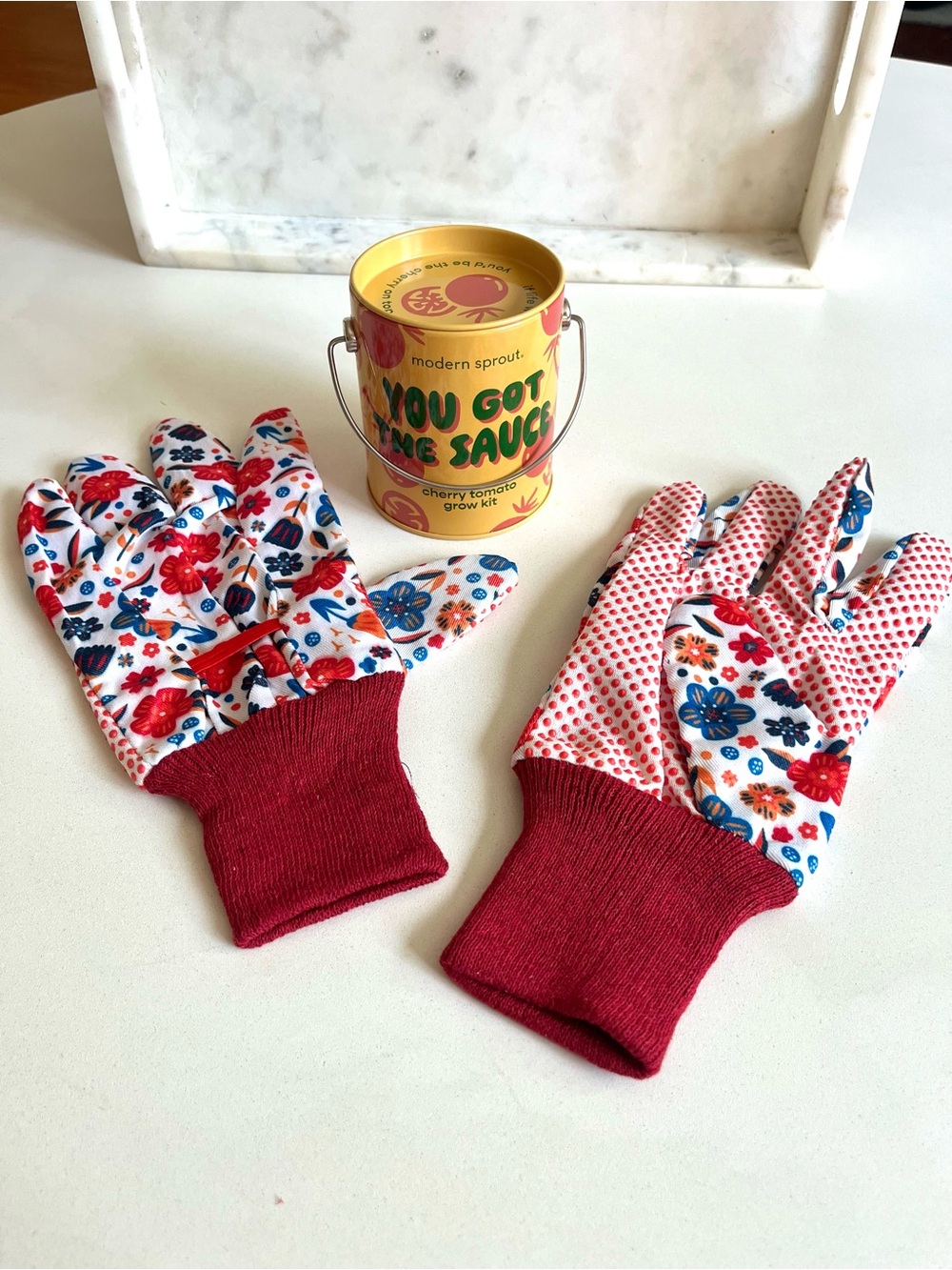 Cherry Tomato Gardening Kit with Floral Gloves - Picture 3 of 6
